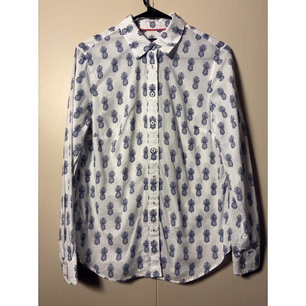 Talbots S Pineapple Button Up Shirt Blue White Coastal Preppy Tropical Resort